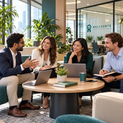 Four colleagues talking around a low table in a planted lounge