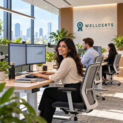 Employee at an adjustable desk with dual monitors and a mesh task chair
