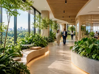 Daylit office walkway lined with planters and built-in seating, with floor-to-ceiling windows overlooking trees