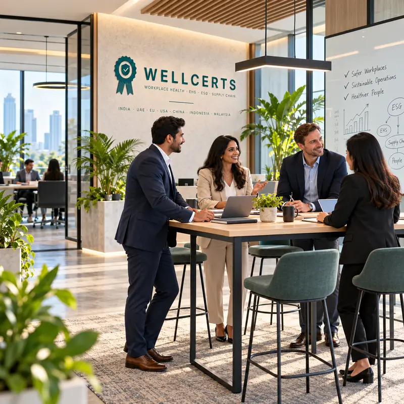 Wellcerts team planning at a standing table, with ESG, EHS and supply chain mapped on a whiteboard