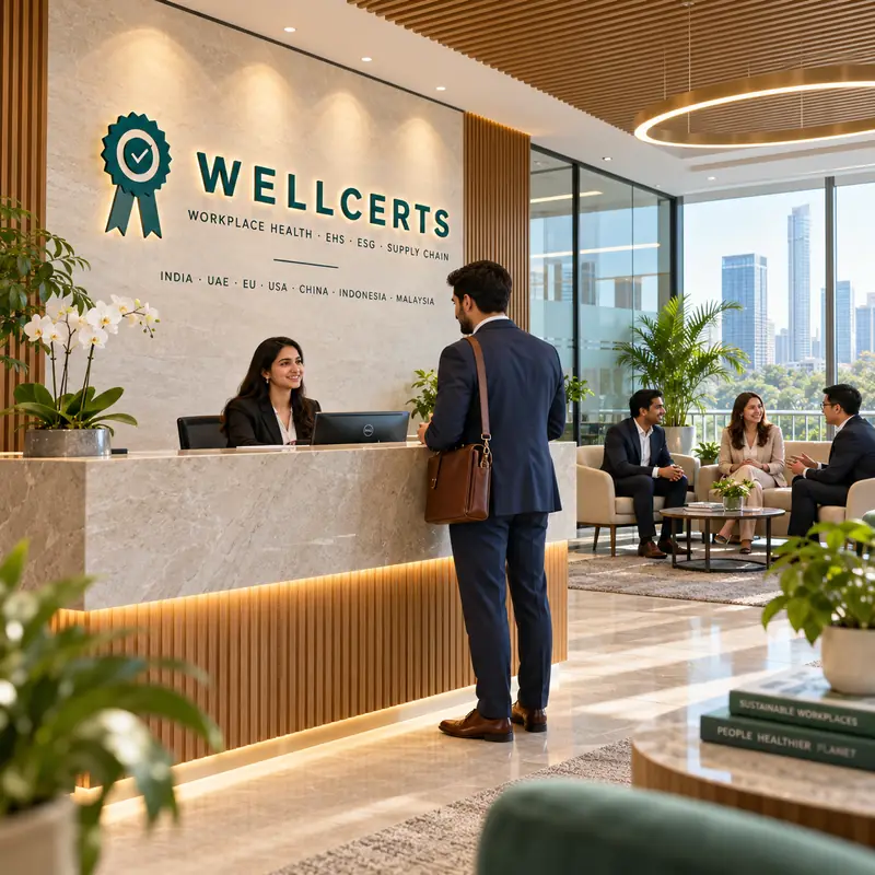 Visitor checking in at the Wellcerts reception desk in a daylit office with planted lounge seating