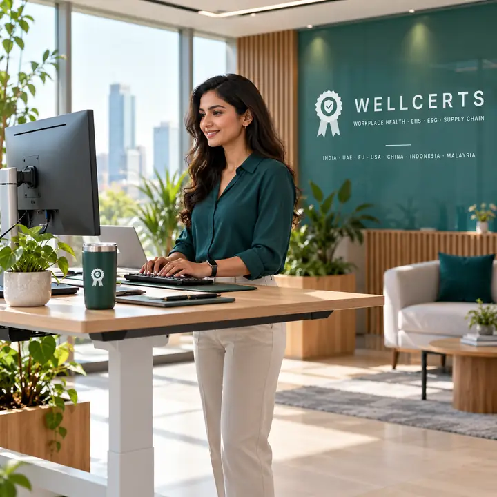 Employee working at a height-adjustable desk beside a window with planters