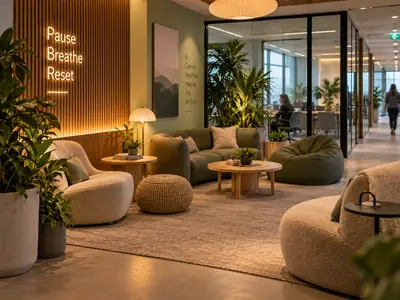 Wellness lounge with soft seating, planting, warm lighting and a calming wall graphic, set apart from the open-plan office
